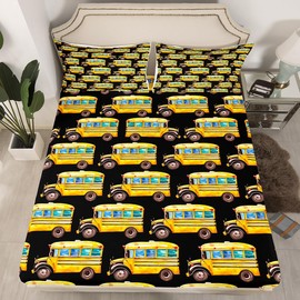 Erosebridal Yellow School Bus Bed Sheets Vehicles Sheet Set Full Size,Boys Cool Automobile Truck Transportation Fitted Sheet for Kids Child Teens,Kids Car Theme Room Decor,Black