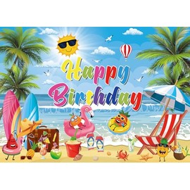 Summer Happy Birthday Backdrop 8x6FT Tropical Hawaiian Beach Photography Background Summer Pool Party Birthday Party Decoration Supplies