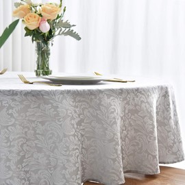 maxmill Jacquard Round Table Cloth Damask Design Waterproof Antiwrinkle Heavy Weight Soft Tablecloths for Circular Table Cover and Kitchen Dinning Tabletop Round 70 Inch Silver