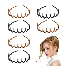6 Pcs Zig Zag Headband, 90s Zigzag Headbands, Plastic Wavy Hairbands with Shark Teeth Comb Design, Non-Slip Elastic Headbands for Women Men Girls, Unisex Hair Accessories (Black, Brown)