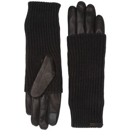 AllSaints Women's Knit Cuff Leather Gloves, Glove Set for Cold Weather, Includes Touchscreen Technology, Large, Black