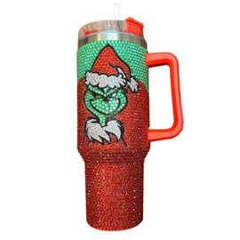 Grouch Rhinestone 40 oz. Tumbler with Handle and Straw Lid Bling Christmas Tall Holiday Jewel Cup Gift Green Mean One Doll Insulated