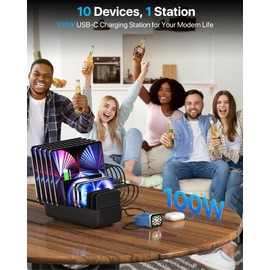 SooPii Multi USB Charging Station,100W 10-Port Type C Fast lPad Charging Station for Multiple Devices with Adjustable Dividers, Charger Organizer Compatible with Phone, Tablet,Kindle and More(Black)