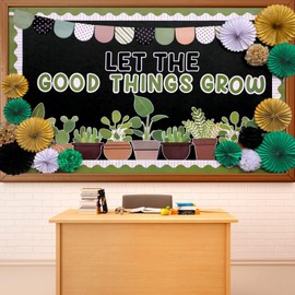 Justforjoyful Summer Potted Plant Bulletin Board Set with 3D Tissue Paper Flower Paper Fan Greenery Let The Good Things Grow Classroom Decoration Motivational Plant Cutout for School Home Office Decor