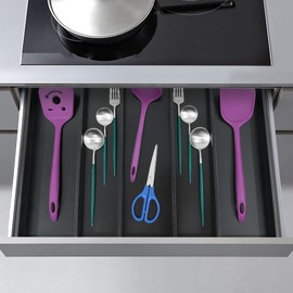 Utoplike Bamboo Expandable Kitchen Drawer Organizer, Adjustable Black Utensil Holder and Cutlery Tray Organiser, Drawer Divider for Silverware, Flatware, Knives in Kitchen, Bedroom, Living Room