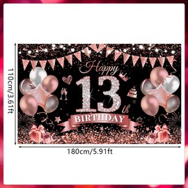 Yontree Happy 13th Birthday Banner 180 * 110cm Black Rose Happy 13th Birthday Banner Backdrop 13th Birthday Decorations for Girls Women, 13 Years Old Birthday Anniversary Party Supplies