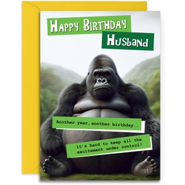 Funny Husband Birthday Card - Grumpy Gorilla Design for Him - Fun Happy Birthday Card for Husband - A5 Size Card with Yellow Envelope
