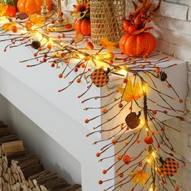 Thiccywoov 9.84 ft St Fall Pumpkin Garland with Lights Autumn Maple Leaves Lights Thanksgiving Decorative Yellow Berry Garland Decorations for Harvest Home Mantel Table Wall Party Decor
