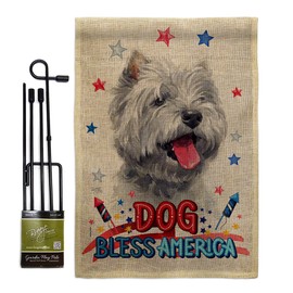 Patriotic Westie Burlap Garden Flag Set with Stand Animals Dog Puppy Spoiled Paw Canine Fur Pet Nature Farm Animal Creature Small Decorative Gift Yard House Banner Double-Sided Made In USA 13 X 18.5