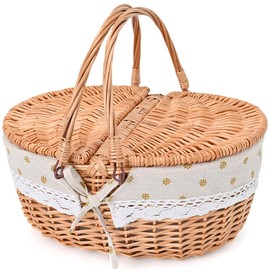 Wicker Picnic Basket with Removable Liner Empty Picnic Baskets with Lid, Picnic Hamper with Foldable Handles for Picnic, Yellow Flowers