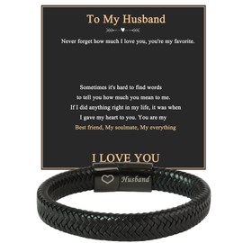 Juozyve Mens Leather Bracelet Husband Gifts : Gifts for Men Black Leather Braided Bracelets 21.5cm Male Bangle Jewelry Gift Birthday Graduation Valentines Christmas(Husband)