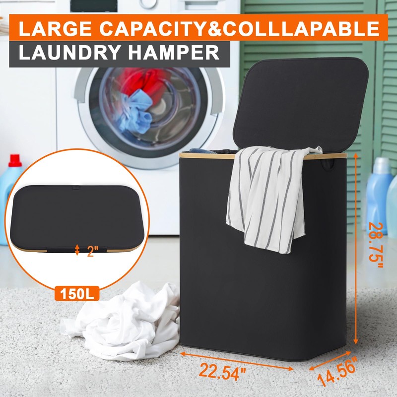 GARPROVM Double Laundry Hamper with Lid 150L Large Laundry Basket