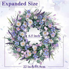 Waipfaru Spring Wreaths for Front Door, 22 Inchs Spring Daisy Wreath Summer Wreath with Floral Lanvender for Indoor Outdoor Wall Porch Window Decor and Festival Celebration