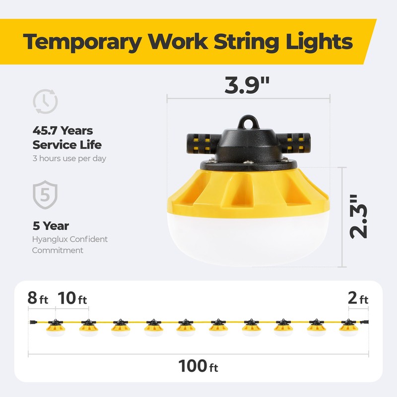 Hyanglux 100ft Construction String Lights: 100w 11000lm ETL Certified Bright