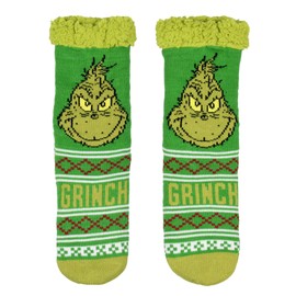 Bioworld Dr. Seuss Socks The Grinch Socks Women's Grinch Face Fair Isle Sweater Knit Plush Fleece Lined Non-Slip Cozy Slipper Crew Socks