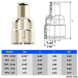 TAILONZ PNEUMATIC 1/4 Inch OD Copper Nickel Plating Push to Connect Air Fittings Tee Straight Union Connect Pneumatic Fittings PY-1/4（Pack of 5)