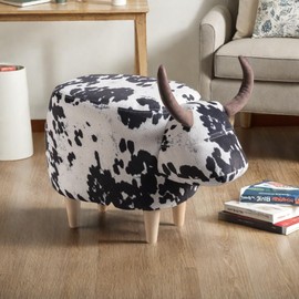 Christopher Knight Home Isana Cow-Shaped Ottoman, Cute Wood Foot Stool Shoes Changing Seat with Cushioned for Living Room, Bedroom, Playroom Porch Furniture, Black and White Velvet