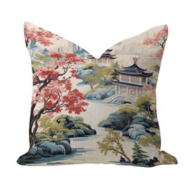 Vintage Outdoor Pillow Covers 18x18 Chinoiserie Asian Pagoda White Coral Blue Home Decor Comfy Pillow Cases Chinoiserie Toile Oriental Floral Linen Pillow Covers Protector for Bedroom Gallery Outdoor