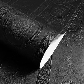 JiffDiff Wallpaper Peel and Stick Textured, 3D Black Embossed Wall Paper Stick on Wallpaper Modern Waterproof Self Adhesive Contact Paper(17.3" x 120")
