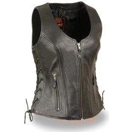 Milwaukee Leather Womens Open Neck Side Lace Front Zipper Black Leather Vest (SM)