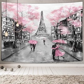 Drgilau Oil Painting Paris Pink Tapestry Wall Hanging, Pink and Black Wall Tapestries, Eiffel Tower Pink Aesthetic Romantic Wall Art Tapestries for Woman Teen Girl Bedroom Living Room Home