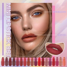 18PCS Mini Lipstick Set,Multi Colored Ultra Matte Lipstick,Magic Glitter Cute Gloss Long Lasting Waterproof Capsule Pills Lip Stick & Eyeshadow Stick Set for Women