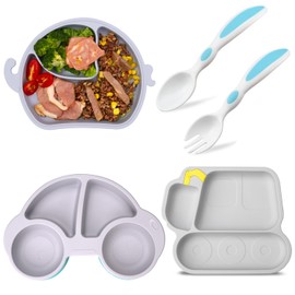 Qshare 3 Pack Baby Suction Plates,Baby Suction Plate with Spoon and Fork for Toddler Kids Self Feeding,Stay Put Divided Feeding Weaning Plates for High Chair Tray