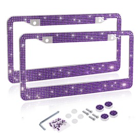 Fashion 2PCS Pack Handmade Premium Purple Crystal License Plate Frames,Waterproof Bling License Plate Cover,US Universal Rhinestone License Plate Holder for Women