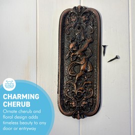 Antique Rustic Copper Door Push Plate with Ornate Cherub Design - Vintage Finger Plate Decor