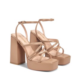 ISNOM Women's Nude Chunky Platform Heels, 4.7" Heel, 1.18" Platform, Ankle Strap, Square Toe, Block Heel, Size 9, Medium Width