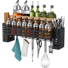 Tamomic Hanging Spice Rack Wall Mount, Over Stove Spice Organizer Shelf with Wall Hanging Utensil Holder 6 Hooks for Kitchen, Black