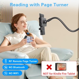 Bedside Tablet Holder for Kindle Reading in Bed with Remote Page Turner, Hands Free Desk Gooseneck Stand for Kindle Accessories, Gifts for Readers