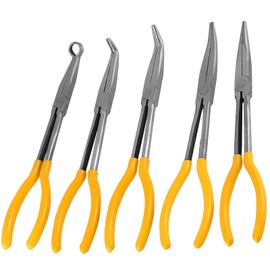 FUNSUEI 5 PCS 11 Inch Long Needle Nose Pliers Set, Long Nose Pliers Set, Long Reach Pliers Set Including 90 Degree, 45 Degree, 25 Degree, Straight Needle Nose and Circle Pliers