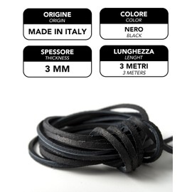 IPEA BSLACCIO-111 Leather Cord for Shoes, Accessories, Fashion - 3 Metres Long - Black Square Leather Laces Shoelaces Premium Genuine Leather Creations Bracelets - Colour Black
