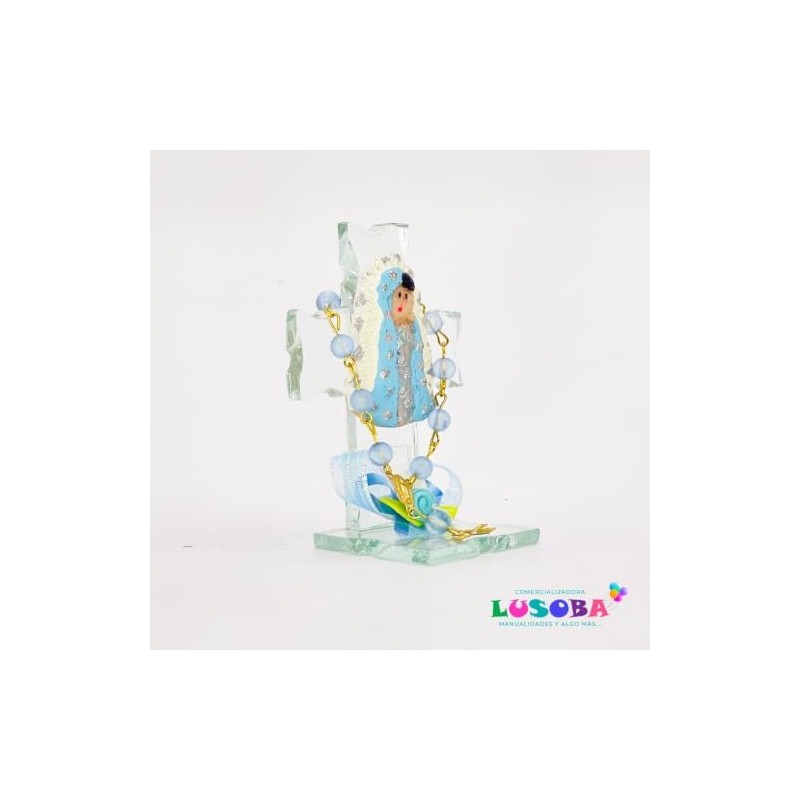 Cruz de cristal azul con Virgen – Pack 12 pcs