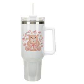 Elanze Designs 40 Ounce Stainless Steel Double Wall Insulated Glitter Travel Tumbler With Handle, Straw, and Lid, Girl Teddy Bear White