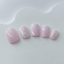 Short Square Press On Nails White Glitter Gel Fake Nails, Glue Stick On Nail Tip with Jelly Glue, Reusable Natural Fit Gel Glossy Acrylic Manicure False Nails Kit 12Sizes 24Pcs