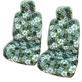 Winnie Fashion Made in Hawaii, Green Aloha Honu Lucky Turtle Separate Headrest Hawaiian Car Seat Cover - Set of 2