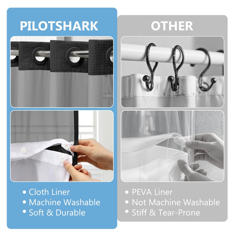 PILOTSHARK No Hook Waffle Weave Shower Curtain Set with Snap-in