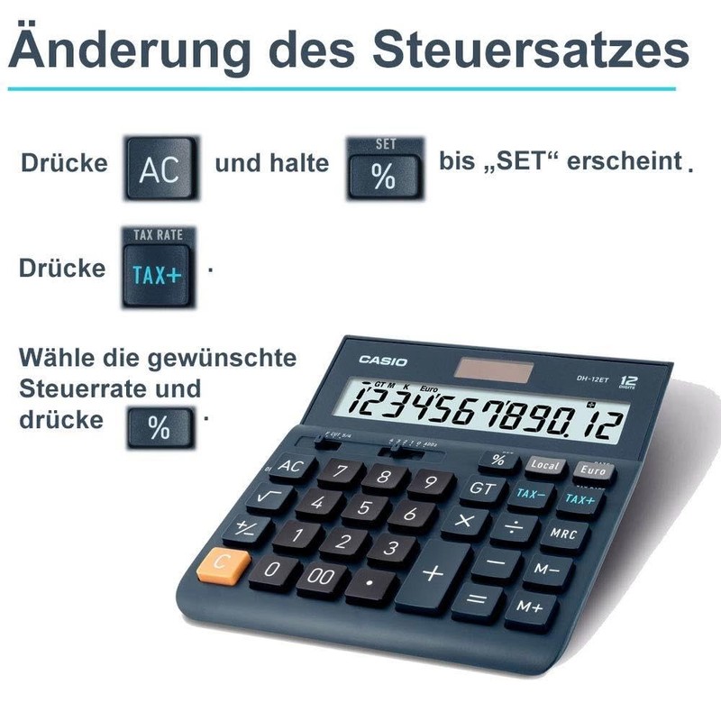 Casio Tischrechner DH-12ET 12-stellig Steuerberechnung Gesamtsummen-Speicher Solar-/Batteriebetrieb