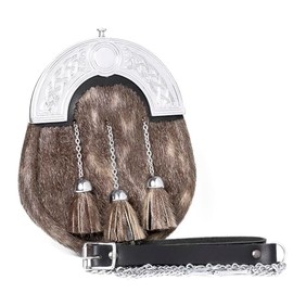 UMAM Traditional Scottish Full and Semi Dress Celtic Sporran in Real Leather and different furs - Kilt Sporran and Belt (SeFullRasaG-921)