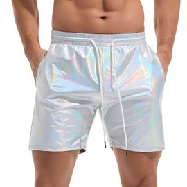 AMY COULEE Mens Metallic Shorts 5" Shiny Rave Sparkly Holographic Disco Hot Shorts Outfit with Drawstring (XL, Light Silver)