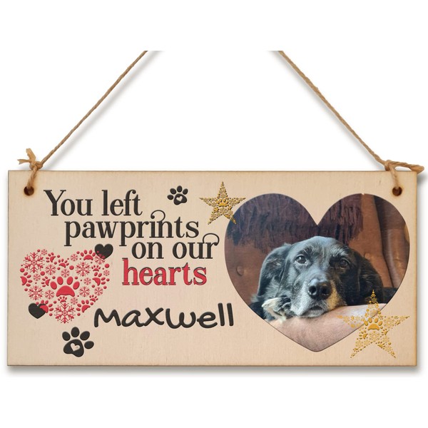 Personalised Wooden Plaque with Photo and Text Pawprints on our Hearts Pet Remembrance Gift Hanging Home Decor