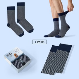 VRD Bamboo Rayon Mens Dress Socks, Striped Design Mid Calf Crew Length Socks for Men Shoe Size 8-13 Blue Navy, 1-Pairs
