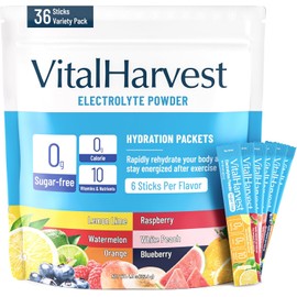 VitalHarvest 36 Sticks Electrolytes Powder Packets 6 Flavors Sugar Free Hydration Packets Electrolyte Liquid Daily IV Drink Mix with Lemon Lime, Watermelon, Orange, Raspberry, White Peach, Blueberry