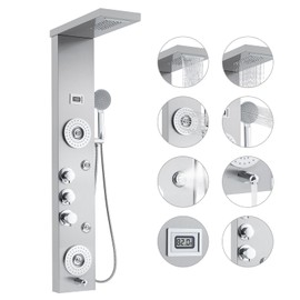 6 In 1 Shower Panel Tower System, Towallmark LED Rainfall Shower Panel Tower Stainless Steel Shower System, 4 Output Modes with Handheld Shower Head, Wall-Mounted, Silver