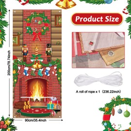 Merry Christmas Door Cover Christmas Fireplace Banner Red Brick Wall Backdrop Xmas Background Christmas Fireplace Door Cover for Birthday Holiday Party Christmas Banner Background Supplies Decorations
