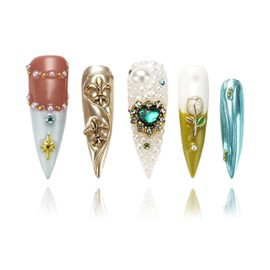 FORBELOVED NAILS|Shiny Colorful Gems,Heart Love,Flower Decorations,Luxury Handmade Press On Nails|Long Stiletto Stick On Nails|Pearls False Nails For Women And Girls|10Pcs/Set With Glue|(Yellow-M)|FOB