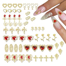 60PCS Gold Nail Charms & Gems – 3D Heart, Crystal Rhinestone, Rose & Virgin Mary Designs. Luxury Metal Nail Gems for Manicure, DIY Nail Art Decor. Idea for Stunning Nail Designs & Decorations