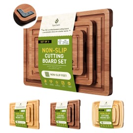 3 Packs Bamboo Cutting Board Set with Non Slip Feet and Over Sink Nice Solid Thick Wood Juice Groove Chopping Board Extra Large Big Small Best Hardwood Kitchen Counter Organic Vegetable
